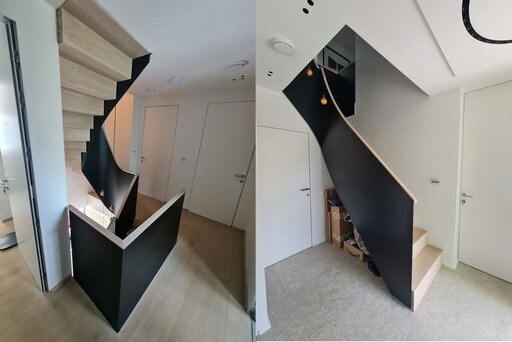 Faltwerktreppe mit Flachstahlgeländer - 96 Wildwood Rd London Siller Treppen Zickzack mit Stahlblech Geländer 2